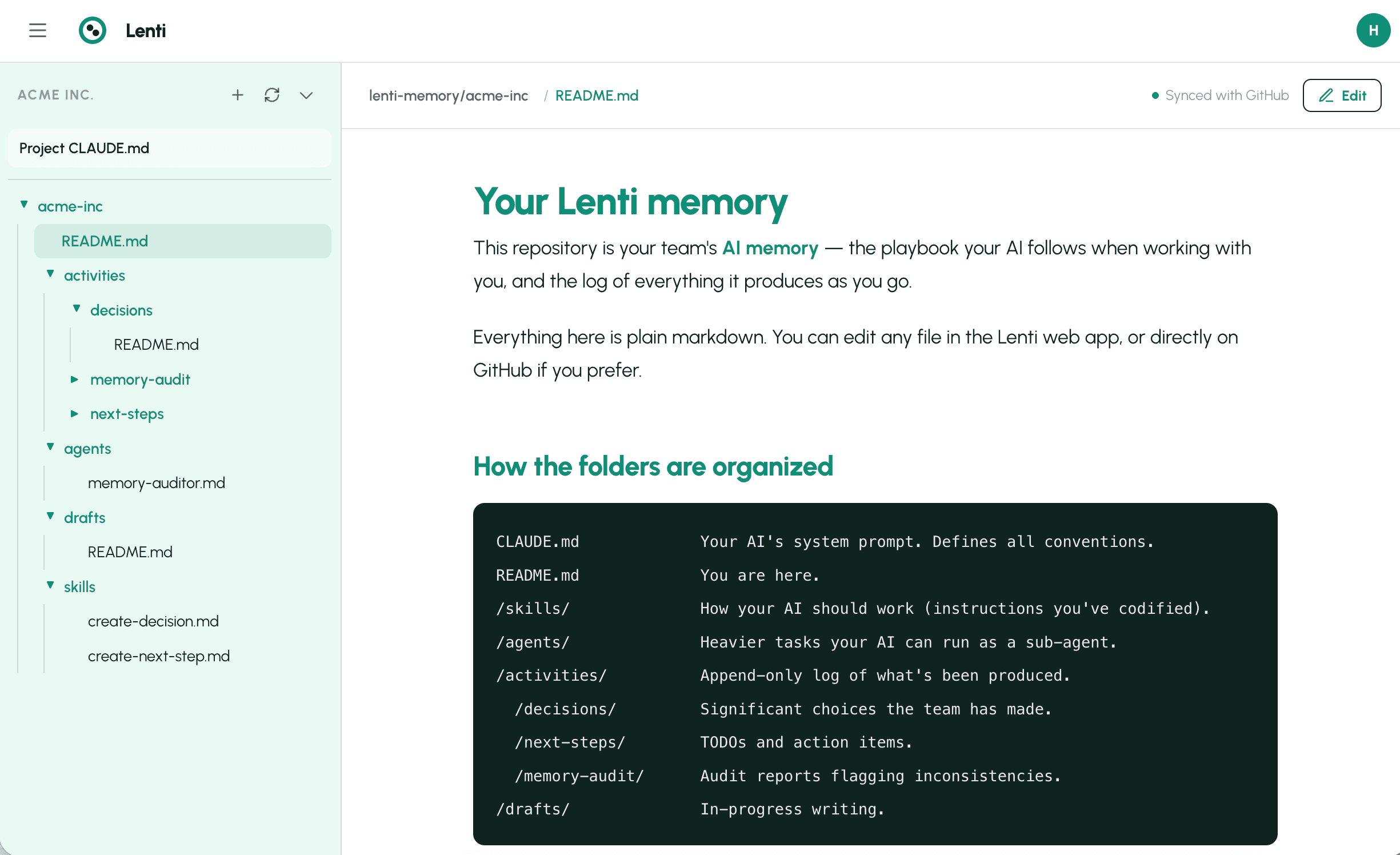 Lenti workspace — file tree and rendered markdown of a team's playbook